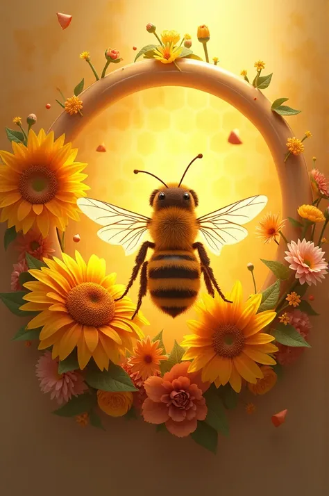 Round background of tender bee with honeycomb and flowers and sunflowers