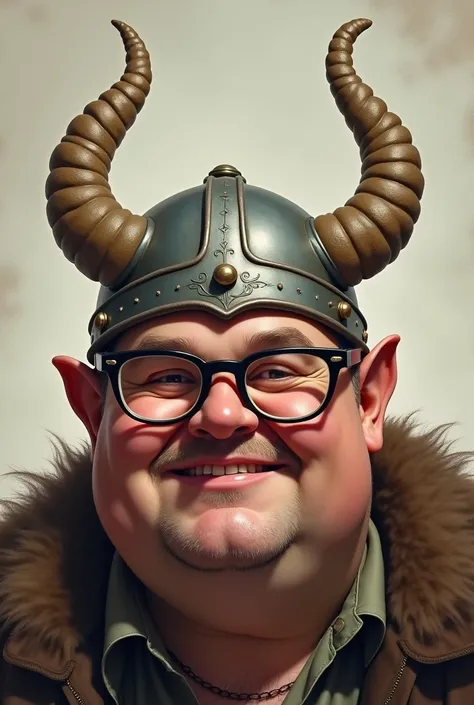 Face of a fat man with glasses and Viking horns