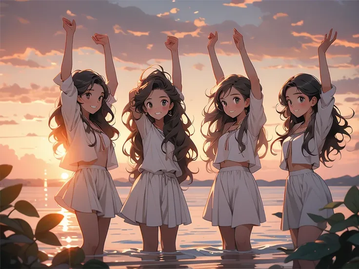 three friends holding arms up at sunset  for the camera in nature, multiple girls, long hair, 3girls