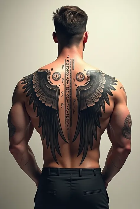 Wing tatoo with clocks and rune words for man