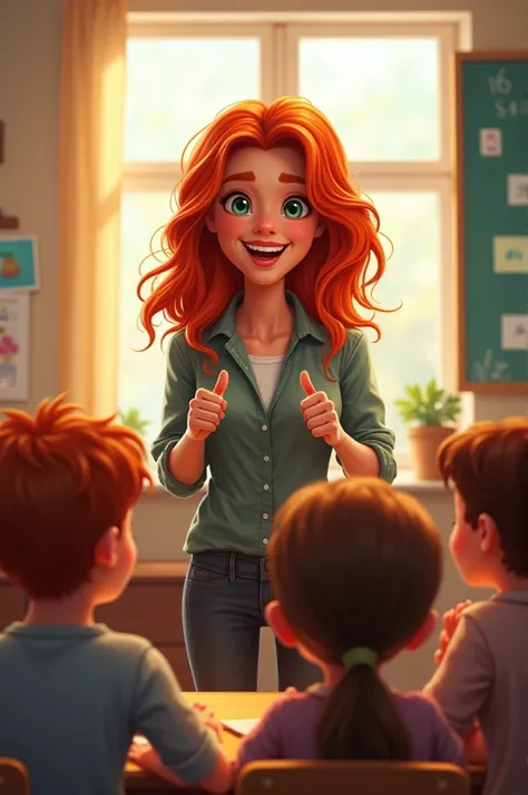 Teacher with red hair teaching the kids to be honest 