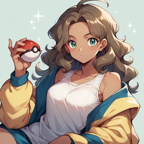 1 pokemon trainer, Wavy hair, com um bone pokemon, white-brown skin, Grinning, Holding a pokeball, gazing at viewer
