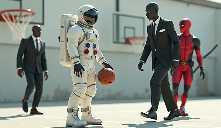 1 space suit guy, Slenderman wearing black suit, and a guy wearing Deadpool suit, all playing basketball