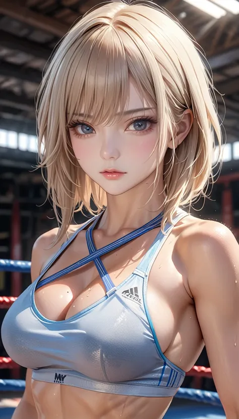 Muay Thai athlete girl, very short blond hair, abs, best quality, 4k, 8k, highres, (masterpiece:1.2), ultra-detailed, (photo realistic,:1.37), looking at viewer, (face close up:0.4),