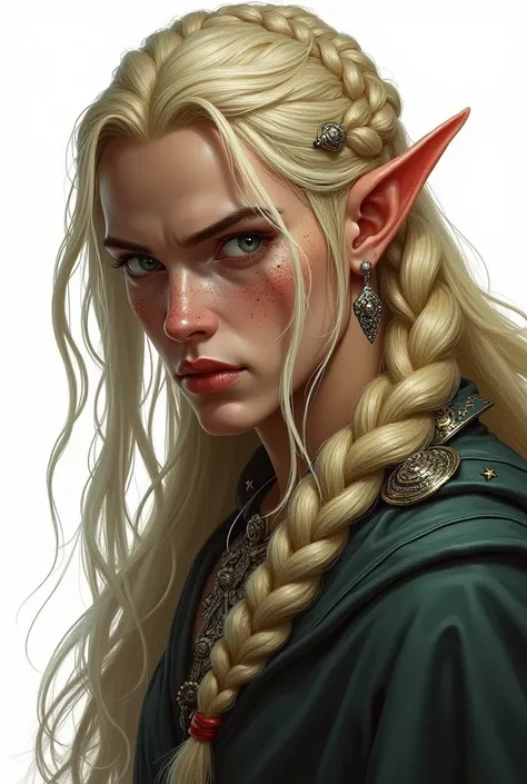 high elf, masculine, long braided hair with ornaments, golden blonde with a white streak, freckles on the face, ear ornaments, silver eyes, white background, estilo Dungeon and dragons 