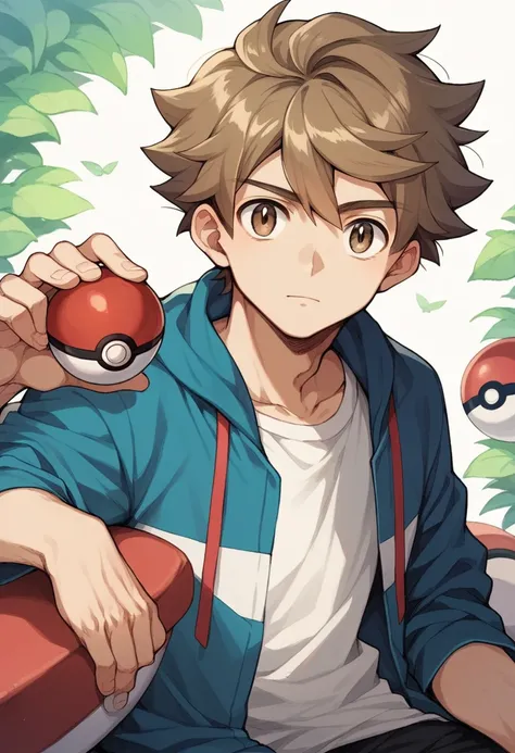 1 boy, 1 pokemon trainer, Wavy hair, com um bone pokemon, Skin color, Grinning, Holding a pokeball, gazing at viewer, chestnut hair, lightbrown eyes