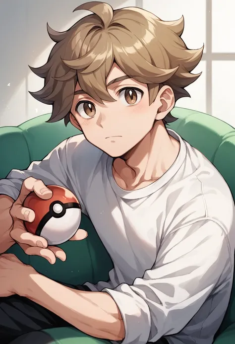 1 boy, 1 pokemon trainer, Wavy hair, com um bone pokemon, Skin color, Grinning, Holding a pokeball, gazing at viewer, chestnut hair, lightbrown eyes