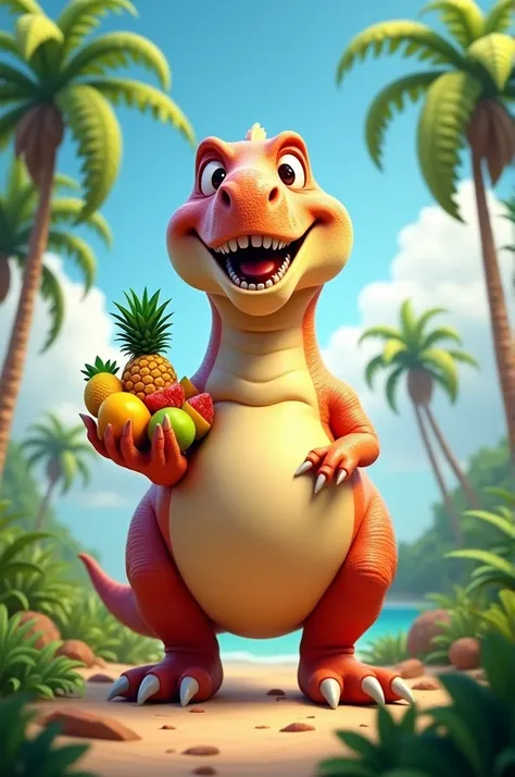 3d caricature, a cute, fat-bellied T-rex carrying fruit in his hand, tropical natural scene