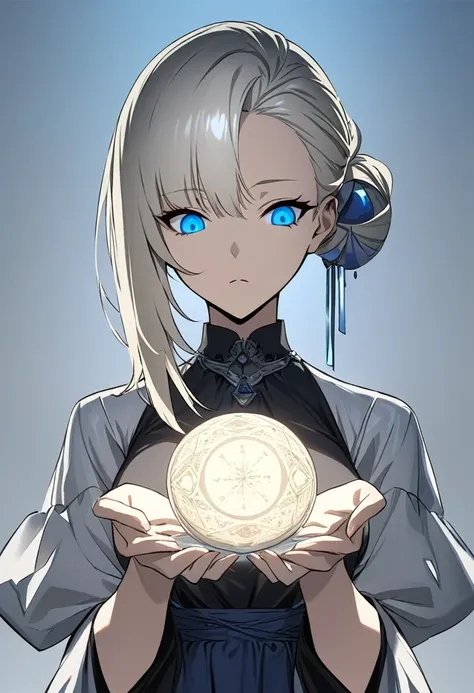 One girl, masterpiece, Highest quality, Beauty, Expressionless, Platinum Blonde, Asymmetrical hairstyle, Vertical eyes like a cat, Blue Sky Eyes , Food, A long dark skirt, fortune teller, Gray background, anime