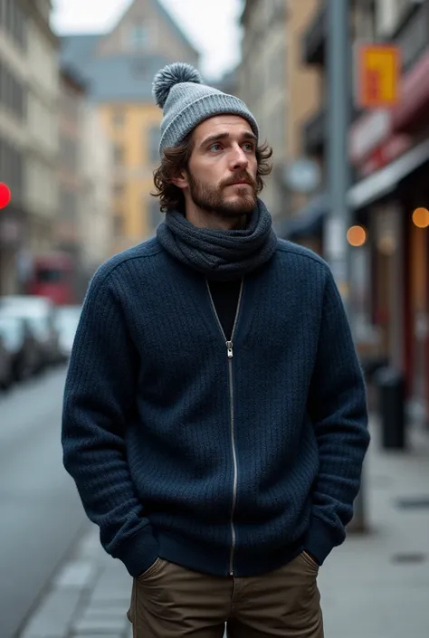 A 30-year-old man stands at the corner of the street, wearing a gray beanie that covers most of his slightly curly hair. A dark blue knit sweater comfortably wraps around his body, giving off a casual yet stylish vibe. His hands are tucked into his pockets...