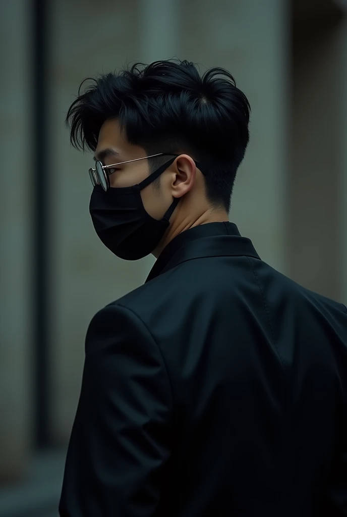 Handsome young man, Chinese celebrity, 2, black hair, glasses, black mask, Asian, Back view