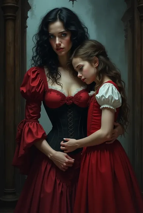 Create a girl with long hair and blue eyes. And next to her is her stepmother in black curls and a red dress who is forcing the girl to dress and tie a corset very, very tightly.. the girl is pale and weak. He feels like crying.