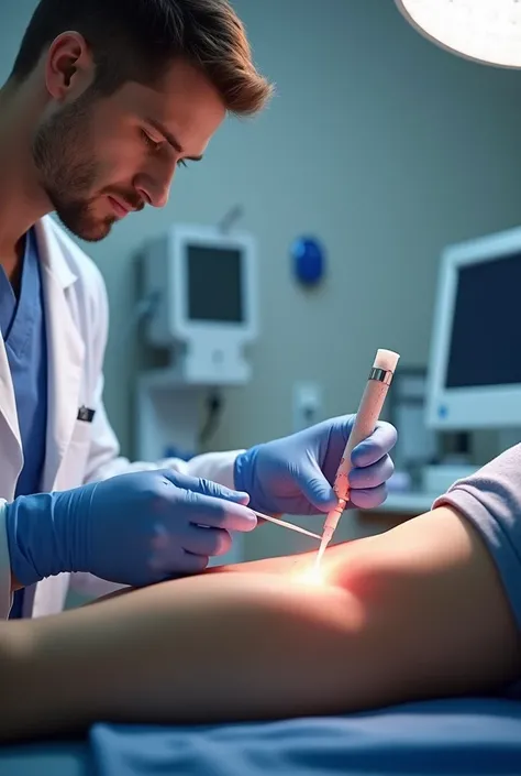 Sports medicine physician using a large-gauge needle for joint fluid aspiration