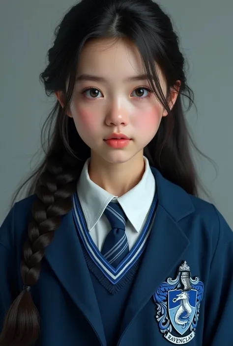 she is Caucasian, has a pink complexion, a diamond-shaped face, a trumpet-shaped nose, almond-shaped blue-grey eyes, long, half-tied black hair, full lips and wears a ravenclaw uniform.

photorealism
