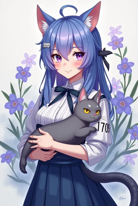 Cat cat anthropomorphic，Full body painting，Hair color blue purple，The eyes are blue-purple，Conservative clothing for women，A cute lady with a royal personality，Plumeria and little shark elements，Holding a kitten，There is the number 1709 on the arm，A small ...