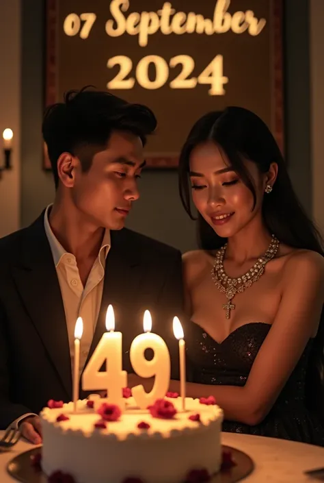 49th birthday celebration dinner of an Indonesian woman showing 1 extremely beautiful lady and 1 good looking gentleman wearing upscale attires, the lady is wearing a diamond necklace with a cross at the end, hyper realistic, UHD image, romantic vibe. Both...