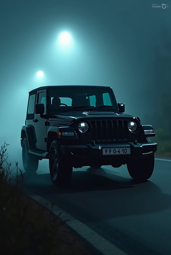 Black Mahindra new 3 door THAR z black filming on road at night in fog, side photo, number 9 0 4 0