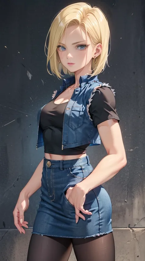 best quality, hight resolution, and18, 1girl in, android 18, solo, blonde hair, blue eyes, short hair, earrings, jewelry, denim ...