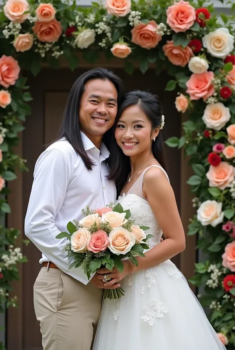 Real pinoy couple boy long hair straight and girl wearing wedding standing say cheese with arounding flowers 