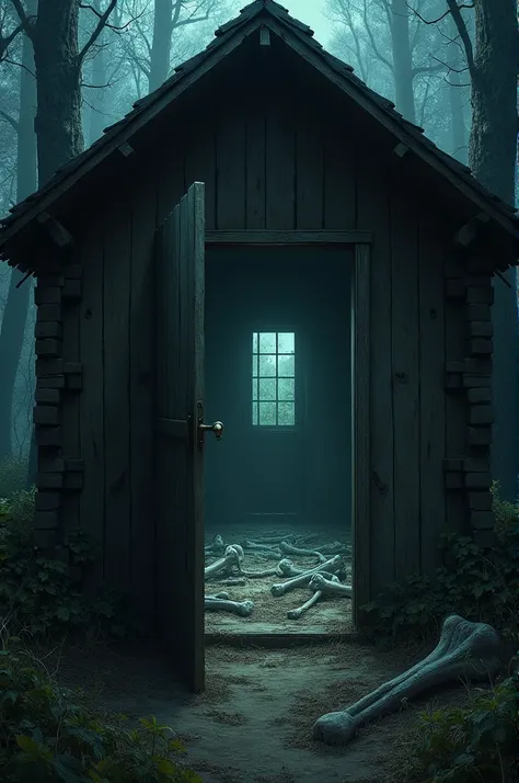 Create a spooky abandoned cabin with the door open showing the interior with some bones in the center 