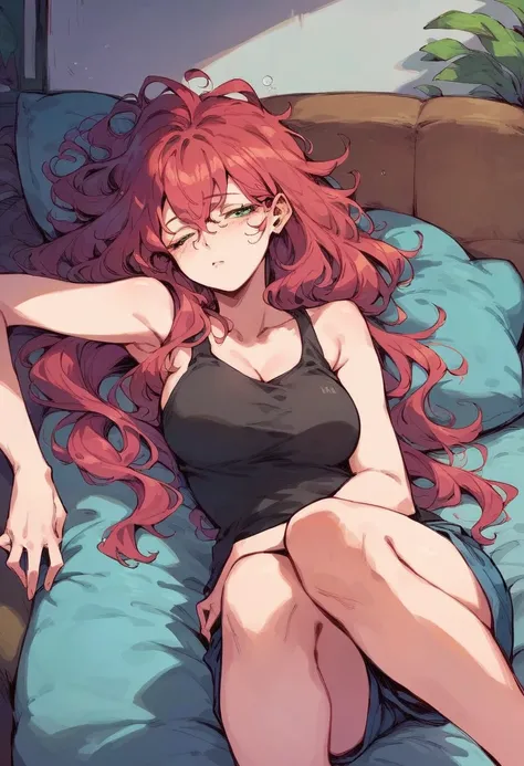 score_9, score_8_up, score_7_up, score_6_up, source_アニメ, rating_explicitn, One anime-style woman, Red hair, long hair, Green Eyes, Sleepy eyes, Messy hair after waking up, Tank top, shorts, Morning living room