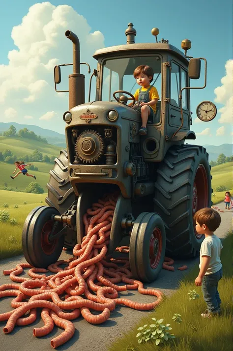 Tractor engine eating worms with kids 