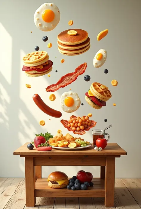 A creative art composition about breakfast where there are different types of breakfast food flying everywhere to land on a nice wooden table