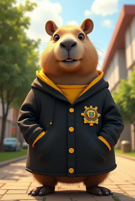 A capybara student with a black and yellow uniform and the logo says uptc 