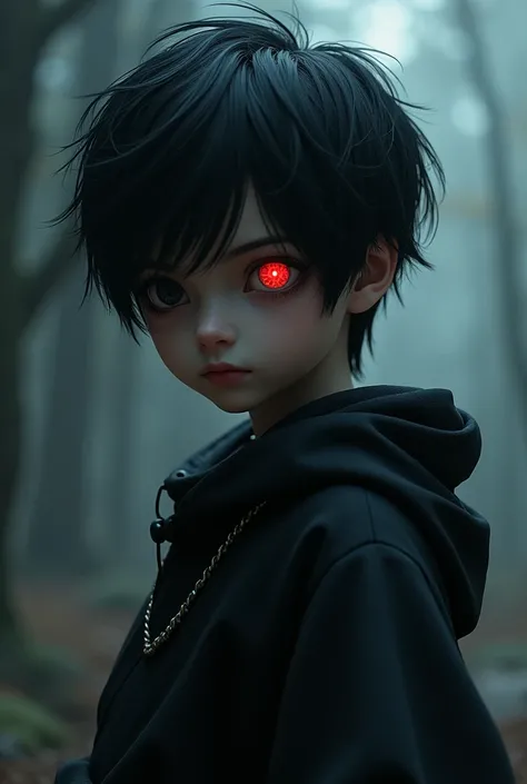 
A boy with black hair he is emo and he is a ninja and his eye is red with black dots