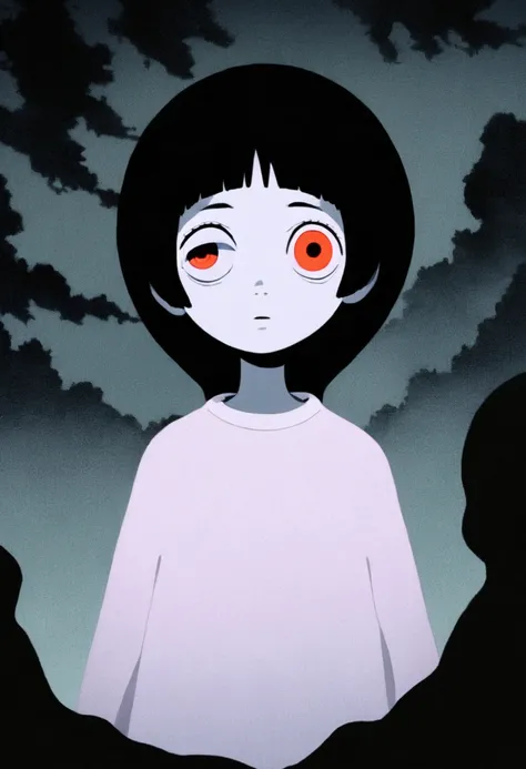 painting of a person standing in front of a red eye, yume nikki, animated film still, still from animated horror movie, inspired by Junji Ito, animation film still, one eye red, red-eyes, visible pupils, inspired by Gertrude Abercrombie, junji ito artwork,...