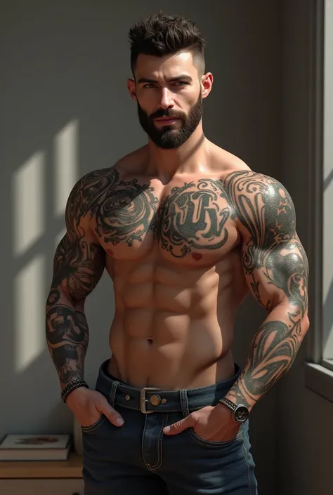 AI design imvu drawing a young muscular man with beard small thin with tattoo “ruy” and other tattoos background room