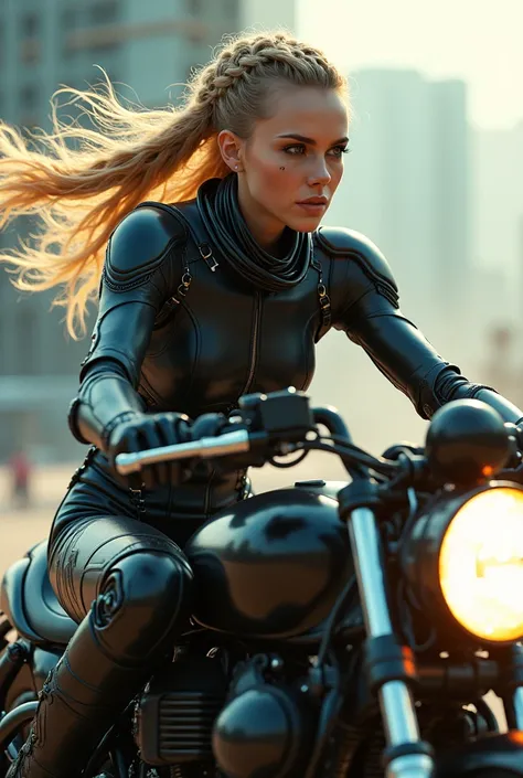 Sexy cyborg girl riding on the motorcycle, blonde hair, french braid, (Best quality, 4K, 8k, A high resolution, masterpiece:1.2), absurdity, masterpiece, ultra detailed, (realistic, photorealistic, photorealistic:1.37), complex parts, HDR, (complex parts:1...