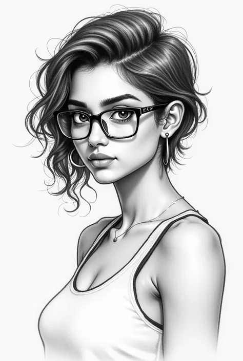 Create a girl 1 Christian with glasses wolf cut brown white skin tone indian 18 year age make it look like drawing make it like a sketch  make her little buff and remove colours
Make it more realistic  