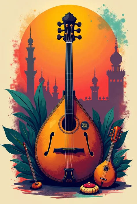 Tshirt print with sarangi mandolin guitar and madal logo