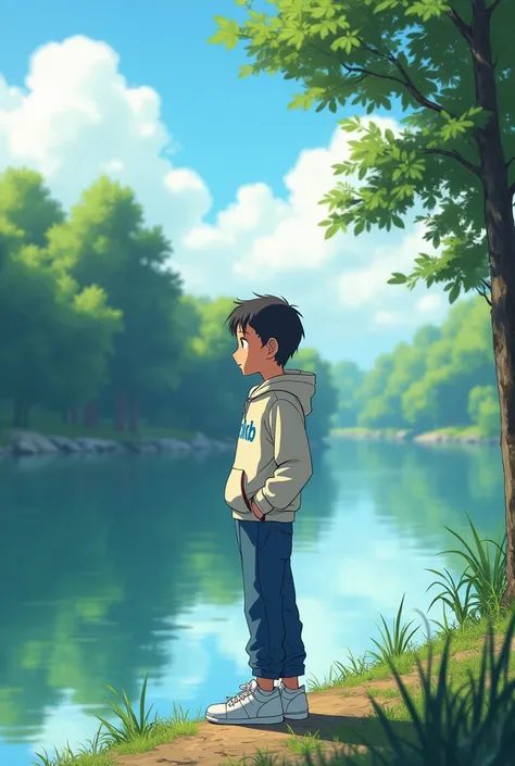 create anime character 2. boy standing the river side.
 his hoodie name Rakib. his shue colour white. his pant colour blue.