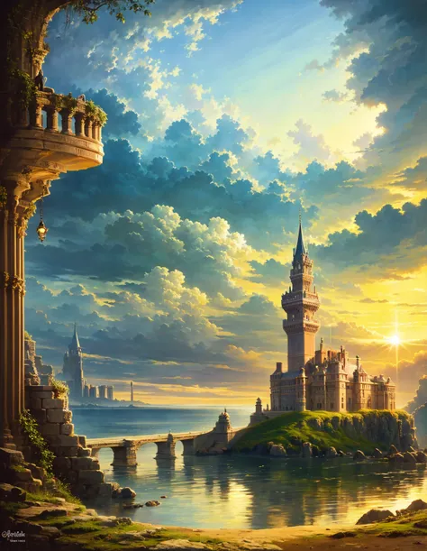 the image shows a majestic castle with a tall tower and a large clock, perched on a cliff overlooking a calm sea, with the sun s...