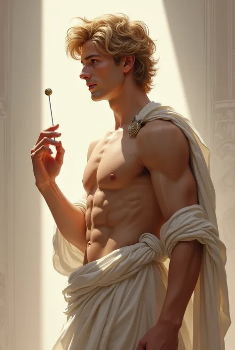 The male Apollo stands holding a pin, facing sideways with a charming gaze realistic