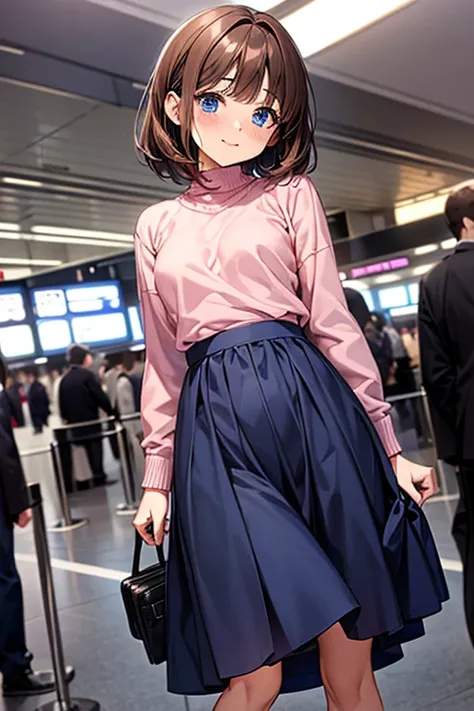 Navy blue chiffon long skirt、masterpiece, Highest quality, Very detailed,   Beautiful details, depth, Fine texture,  ((small breasts))、 Very cute anime girl, Brown Hair、((Pink))Sweaters,  Embarrassed look, expensive bob hair,  under eye looking at the view...