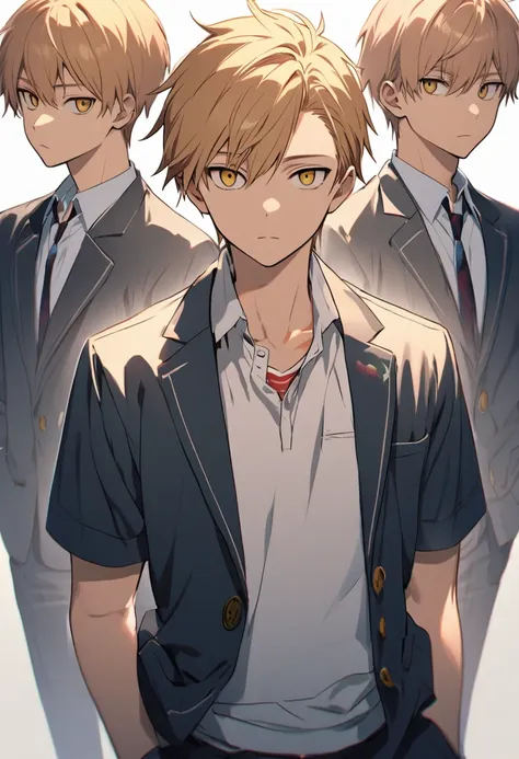 strawberry blonde hair, golden eyes, young male, handsome, cool, teenager, emotionless, calm, school uniform