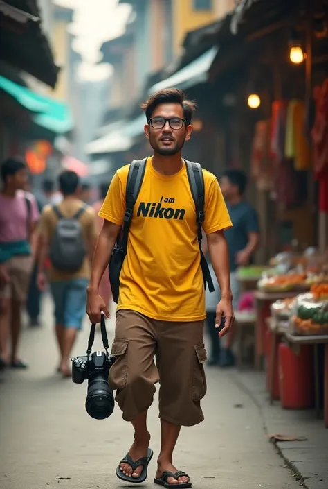 photo of an Asian man wearing a hat and thick glasses, reddish nose, chubby cheeks, thin beard, yellow t-shirt with "I am NIKON" letter, brown 3/4 trousers, flip flops, carrying a camera and backpack, traditional market background, crowd, 3/4 side view, hu...