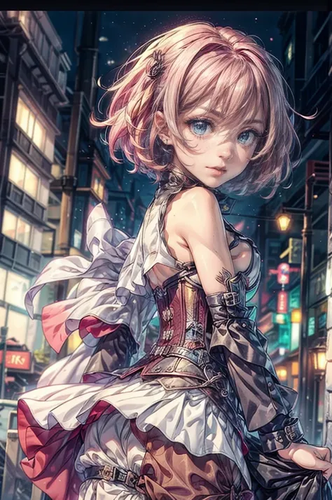 (masterpiece), 1girl, fair skin, beautiful make-up, fair skin, short hair, pink hair,  steampunk, belt, corset, natural breasts,...