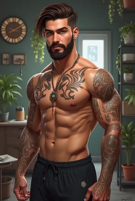 AI design High quality imvu drawing a young muscular man with beard small thin with tattoo “ruy” and other tattoo background room