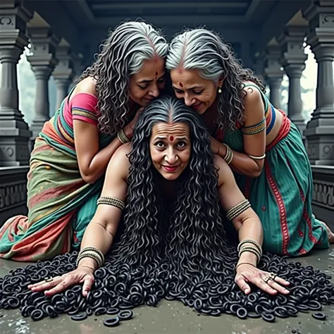 An unusual yet intriguing scene set within the sacred precincts of an ancient Indian Kali temple. Three eldery aged Indian ladies, adorned in vibrant, traditional sarees, stand out against the dark, mystical backdrop. Their unnaturally colorfull, 3C curly ...