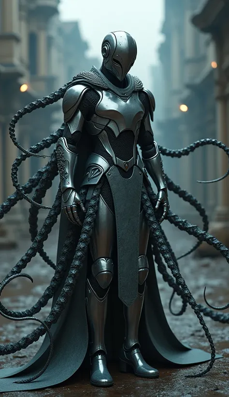 A cinematic medium shot of a dark fantasy A cyborg knight robotic with many intricate long large tentacles coming out from entire body wiggling up on air. The cyborg  wear a sleek, reflective shining Silver armor outfit with a unique octopus texture. The c...