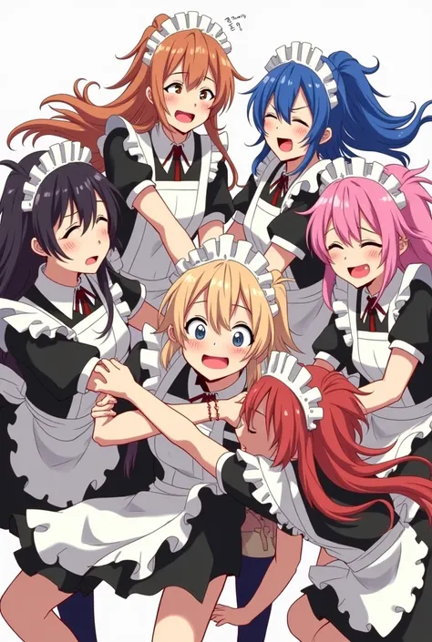 An anime-style illustration depicting many maids playfully wrestling with each other,
each maid has different  colored hair.
the illustration emphasizes the humorous and energetic nature of their scuffle