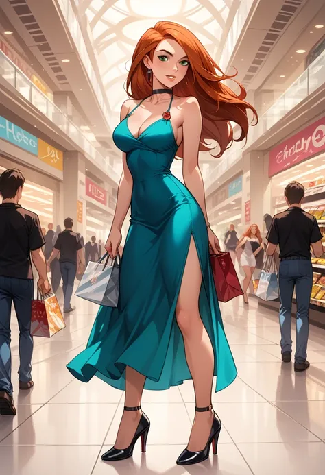 score_9, score_8_up, score_7_up, score_6_up, rating_safe, source_cartoon, BREAK beautiful Kim Possible (orange-red hair:1.1), sexy smirk, BREAK tight green halter dress, high heels, choker, BREAK walking in shopping mall, large crowd, shallow depth of fiel...