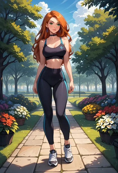 score_9, score_8_up, score_7_up, score_6_up, rating_safe, source_cartoon, BREAK beautiful Kim Possible (orange-red hair:1.1), sexy smirk, BREAK tight gym attire, sneakers, choker, BREAK walking in park, daytime, sunny, beautiful trees and flowers, BREAK sh...