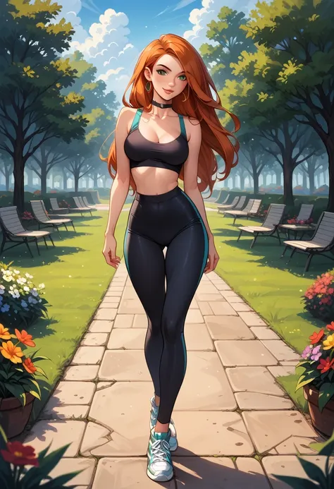 score_9, score_8_up, score_7_up, score_6_up, rating_safe, source_cartoon, BREAK beautiful Kim Possible (orange-red hair:1.1), sexy smirk, BREAK tight gym attire, sneakers, choker, BREAK walking in park, daytime, sunny, beautiful trees and flowers, BREAK sh...