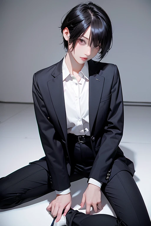 good、sister、nice、thin、Black Hair,、short hair、Wearing a suit、Sitting on the floor