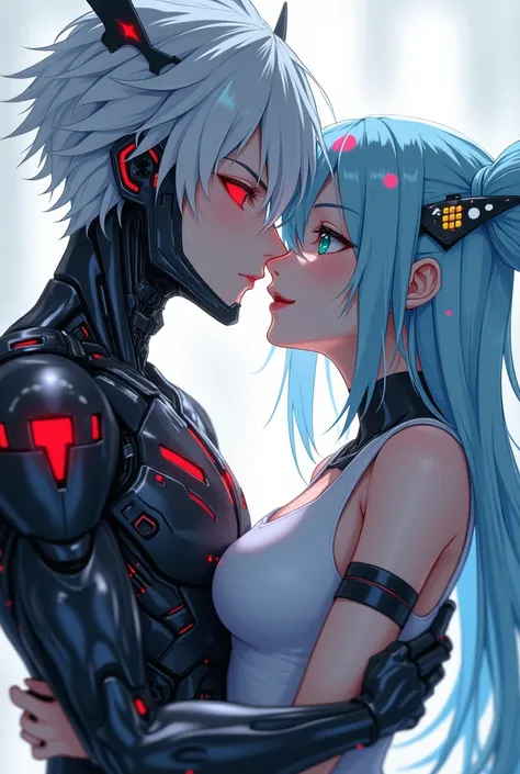 Boothil, cyborg Boy, white hair, black bangs to the side, black iris with red pupil, 2 black dots under the eye, iron body except for the head, rubber penis part of the body, Robin, girl half-angel, small wings on the temples, turquoise eyes, 3 yellow, pin...